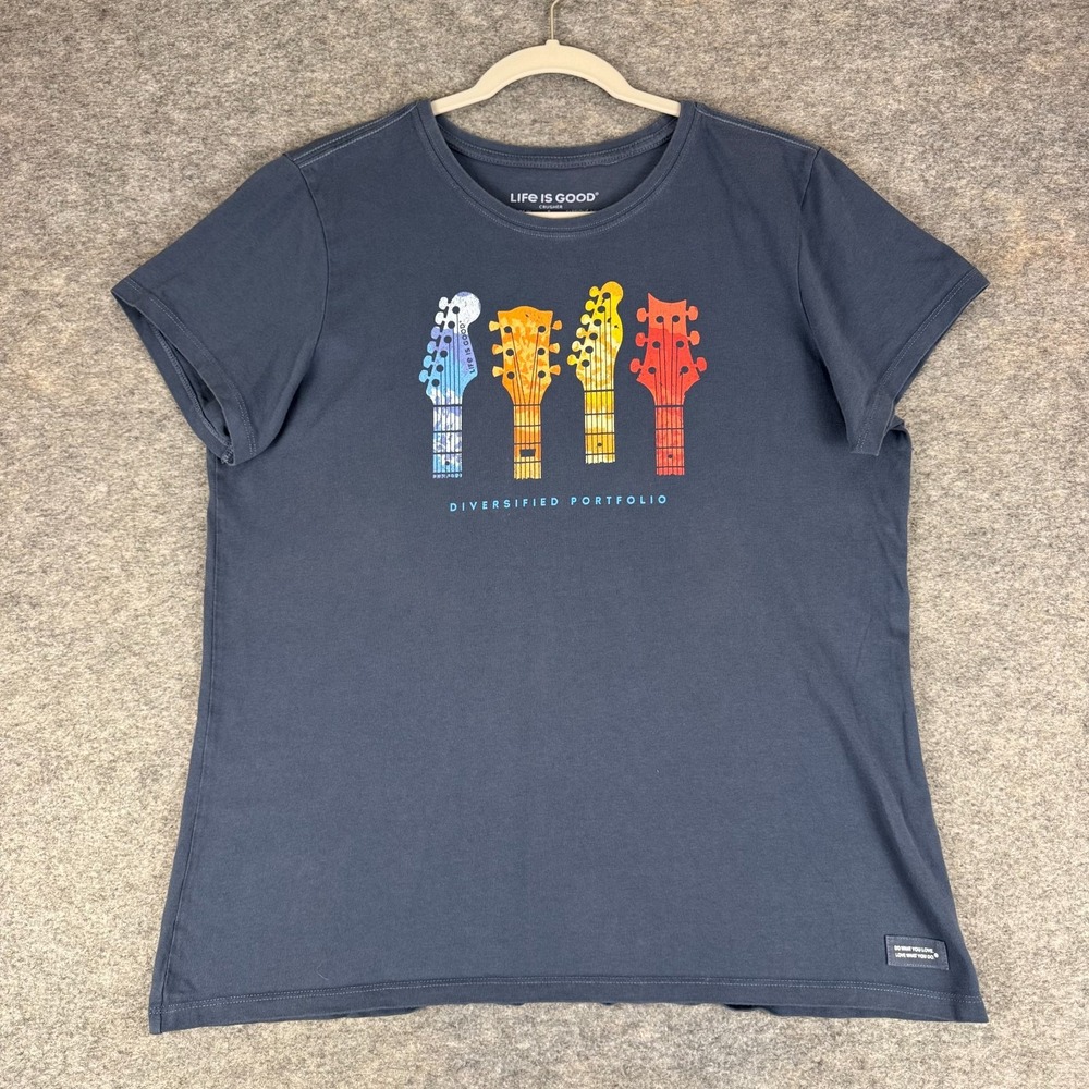 Life Is Good Crusher T-Shirt Diversified Portfolio Guitar Blue Womens Large L